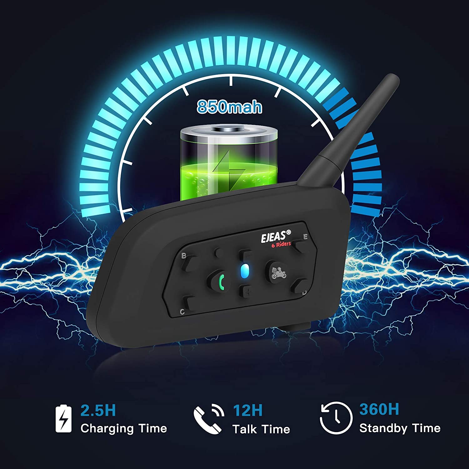 Motorcycle Helmet Bluetooth 5.0 Headset with 850mAh Battery, 12h Talk Time, and 360h Standby Time