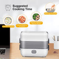 VMIDirect Electric Heating Lunch Box with suggested cooking times for rice, vegetables, and eggs
