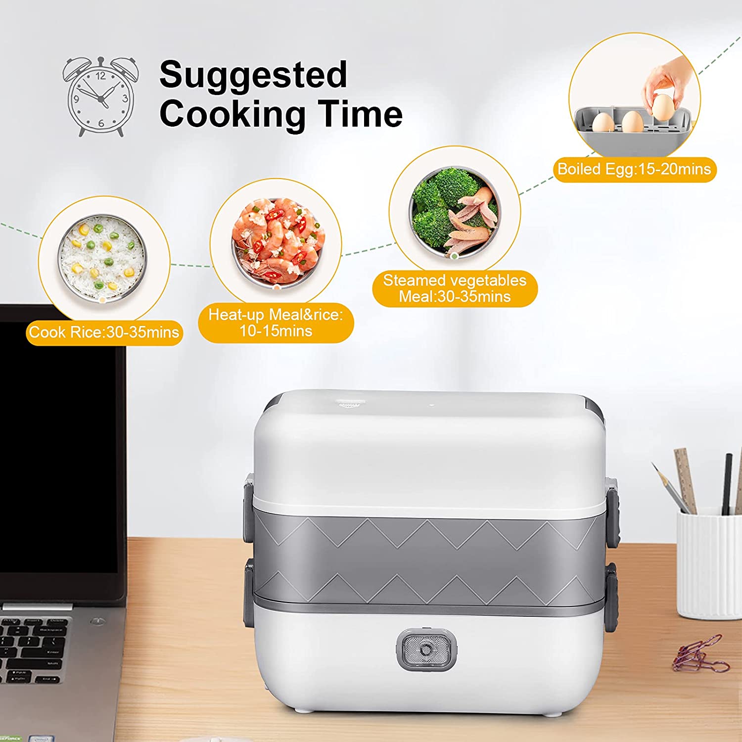 VMIDirect Electric Heating Lunch Box with suggested cooking times for rice, vegetables, and eggs