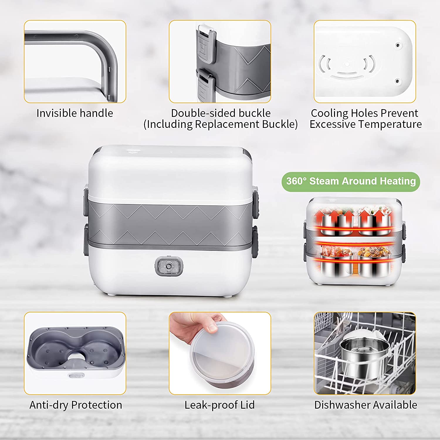 VMIDirect Electric Heating Lunch Box with Anti-dry Protection and Leak-proof Lid for Convenient Meals