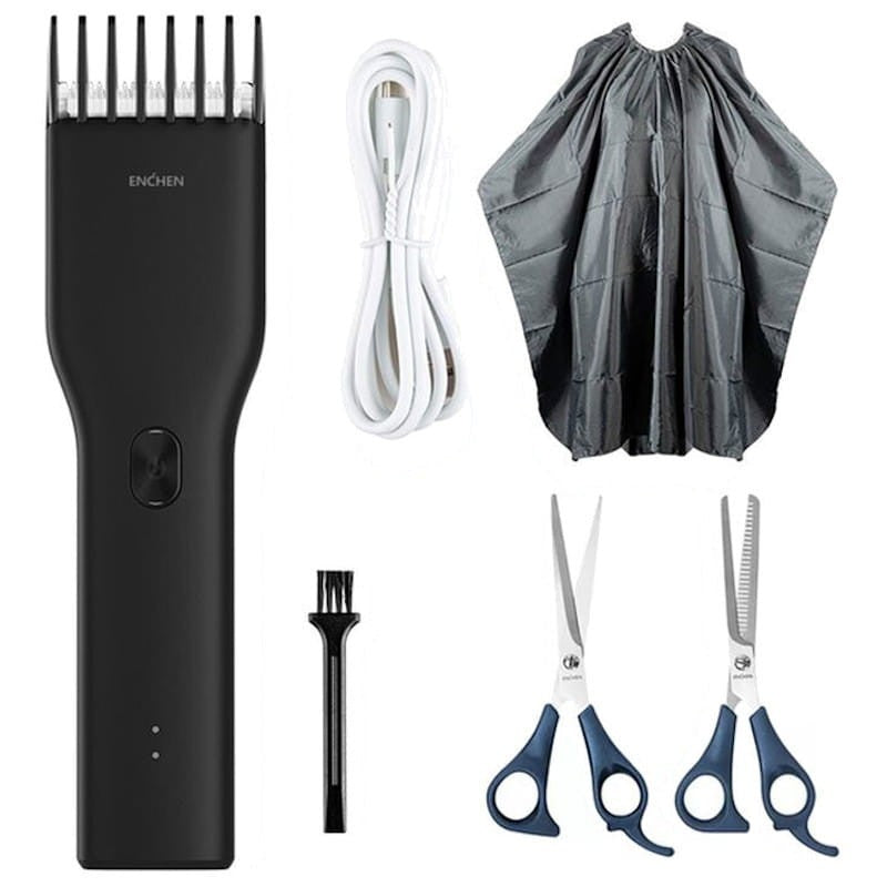 VMIDirect Hair Trimmer kit including black trimmer, scissors, cape, and charging cable