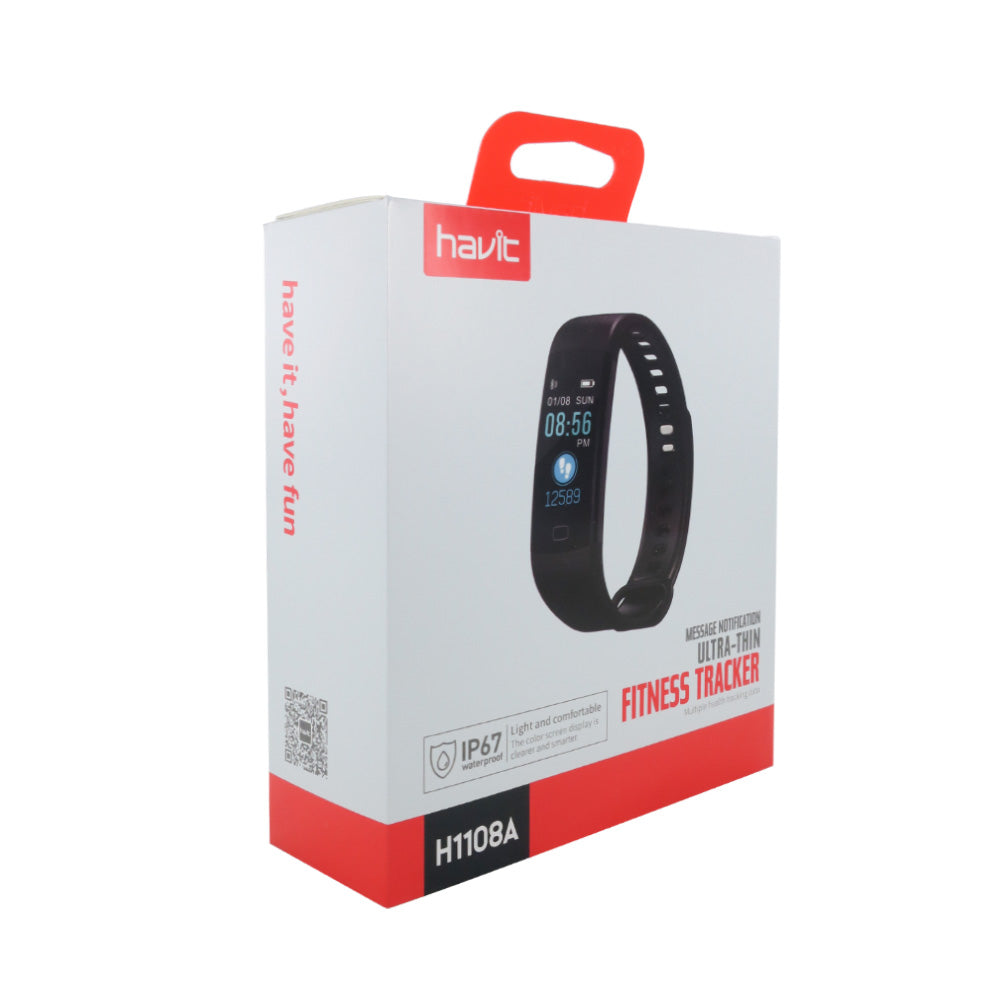 Havit H1108A Ultra-Thin Fitness Tracker Smartwatch Packaging with Clear Display and IP67 Rating