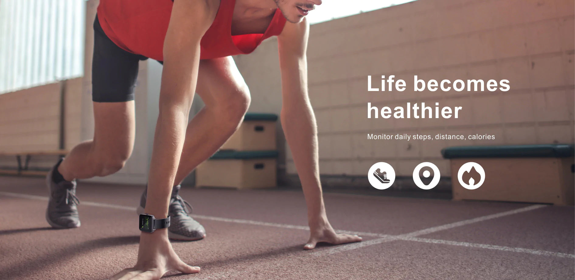 Man preparing to run while wearing a Watch Fitness Tracker to monitor daily activities
