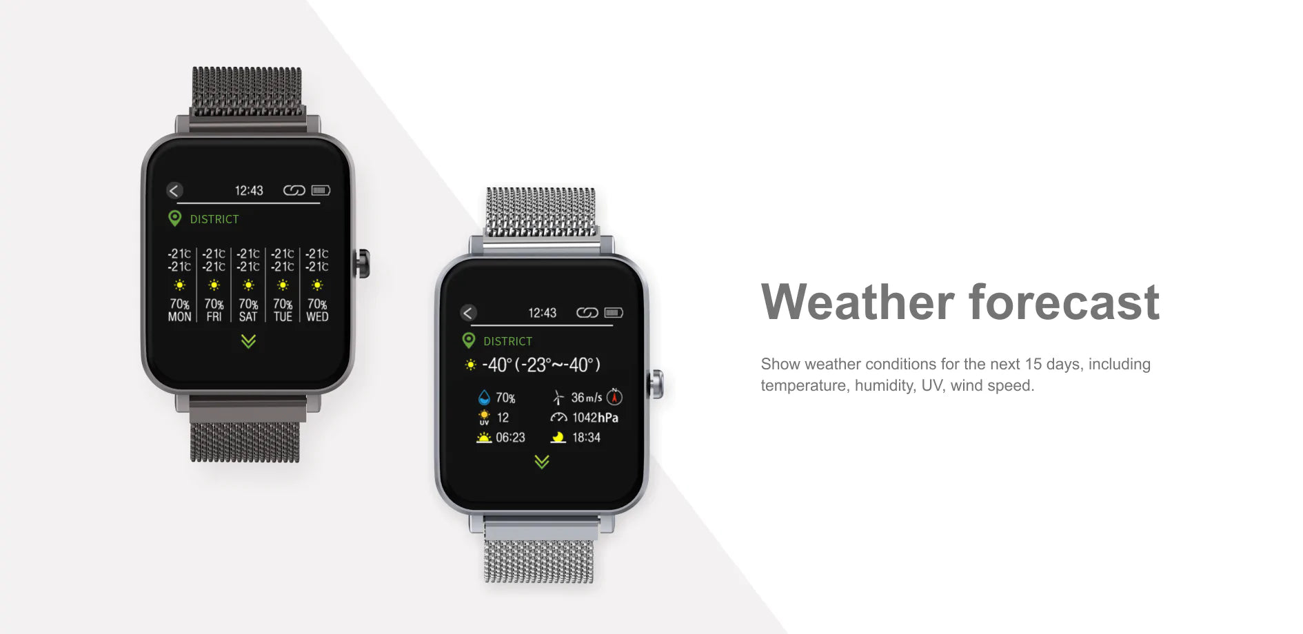 VMIDirect Watch Fitness Tracker with weather forecast display showing temperature and humidity