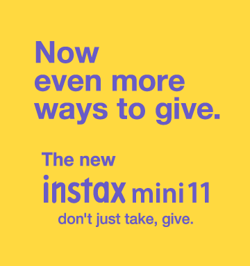 Fujifilm Instax Mini 11 Film Camera with vibrant yellow design and give-themed messaging