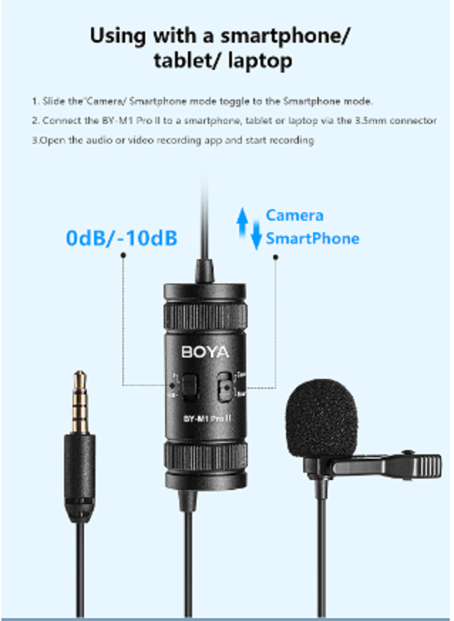 Boya BY-M1 Pro II 6m Clip-On Lavalier Condenser Microphone with 1/4 Inches Adapter