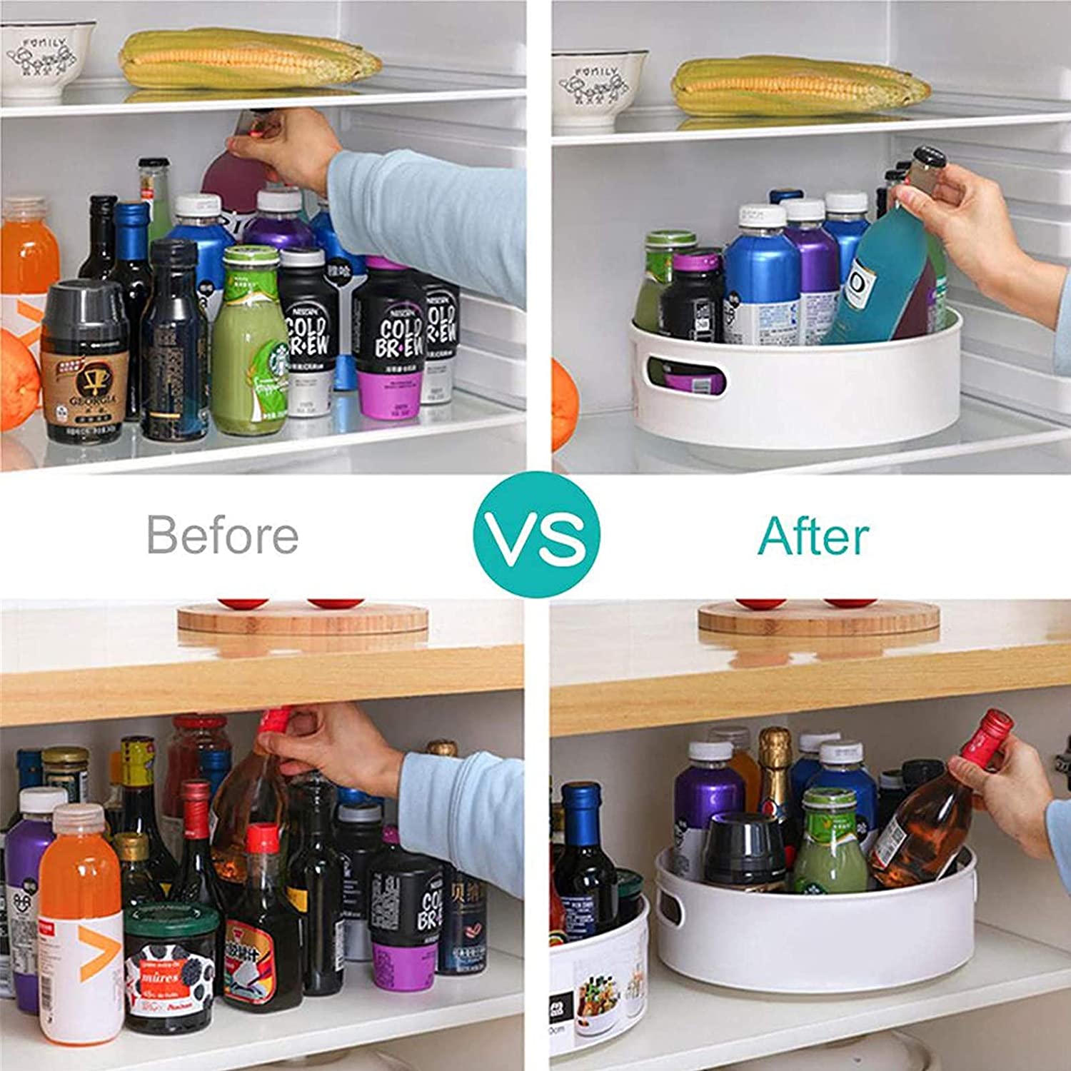 Before and after images showcasing a VMIDirect Kitchen Organizer in use for better refrigerator storage