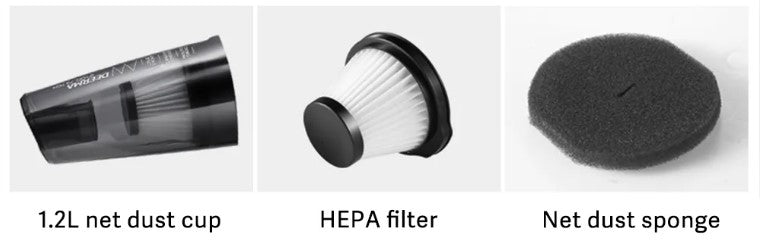 VMIDirect Handheld Vacuum Cleaner components including 1.2L dust cup, HEPA filter, and net dust sponge