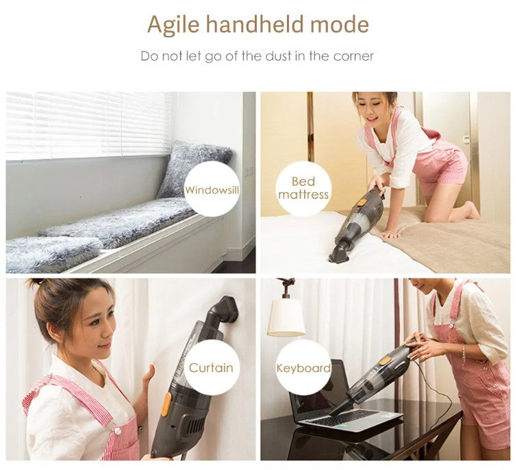 VMIDirect Handheld Vacuum Cleaner in use, cleaning corners, curtains, and upholstery for efficient dust removal