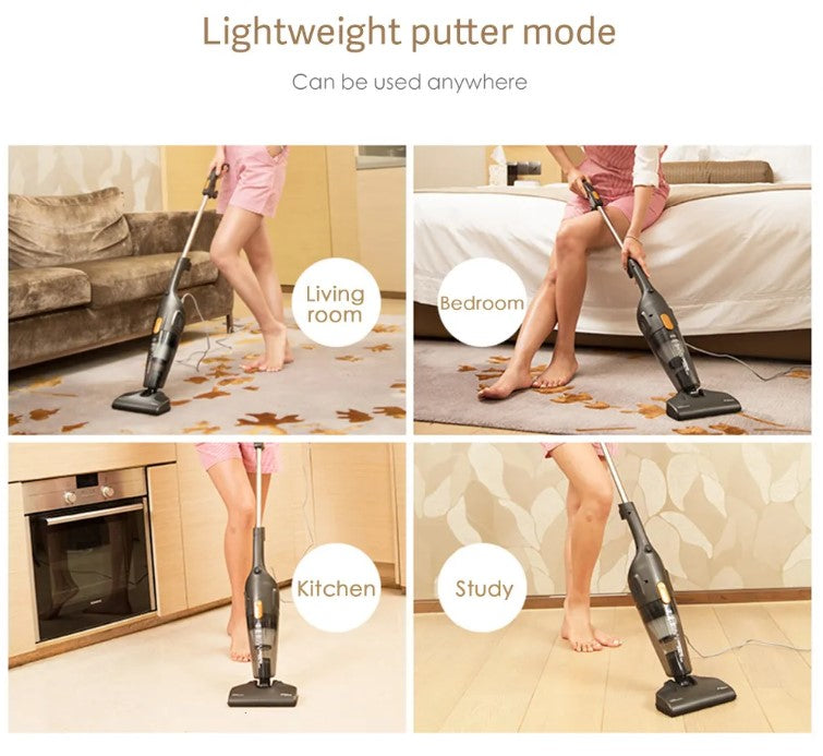 Lightweight handheld vacuum cleaner in various settings: living room, bedroom, kitchen, and study