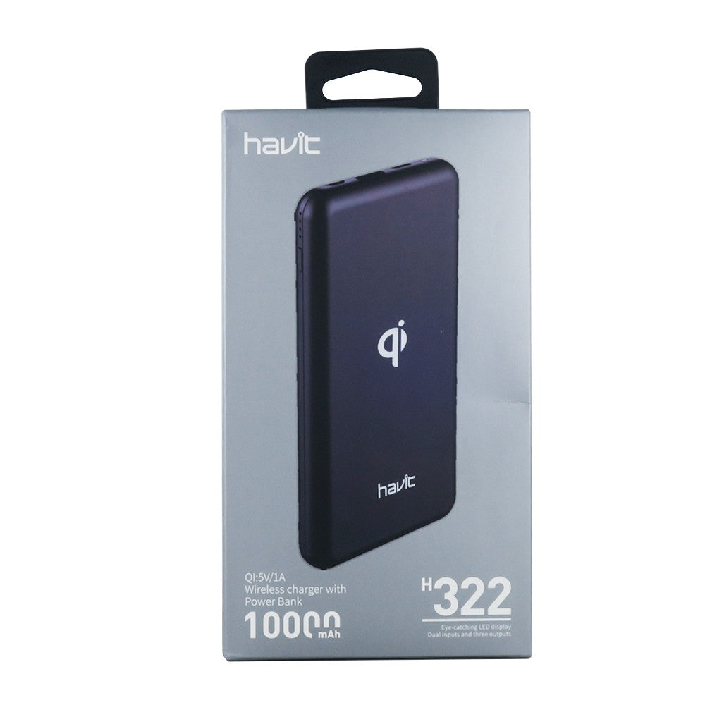 Havit H322 10000mAh Power Bank with Qi Wireless Charging Capability and Compact Design