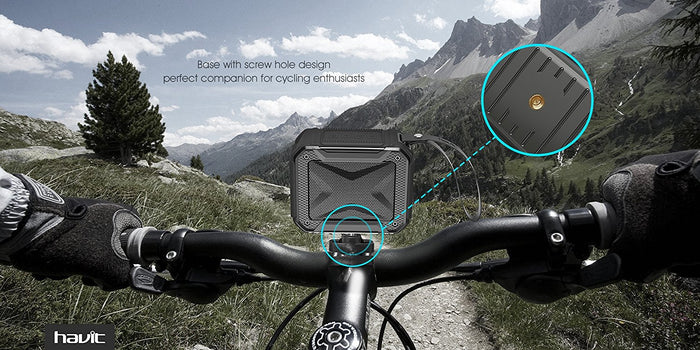 Durable Bluetooth Speaker mounted on a mountain bike handlebar, ideal for cycling enthusiasts