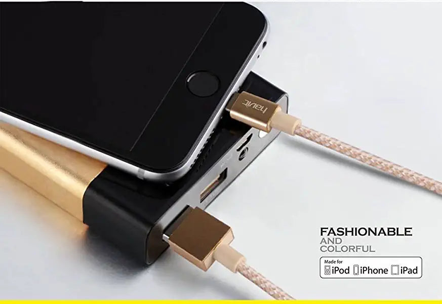 VMIDirect Braided Lightning Data Cable connected to a smartphone and power bank for charging
