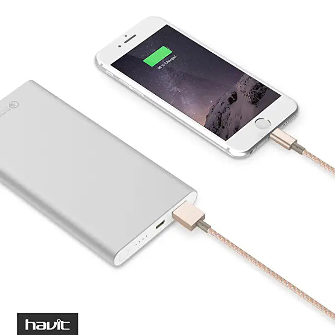 Braided Lightning Data Cable connected to a smartphone charging from a power bank