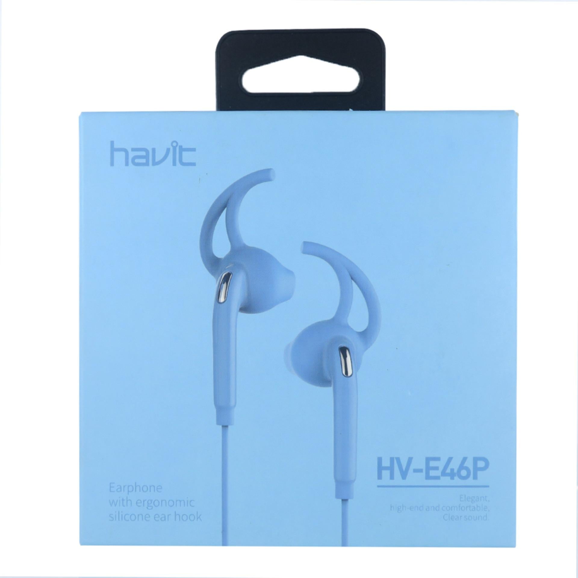 Havit HV-E46P Earbuds With Mic featuring ergonomic silicone ear hooks for a secure fit