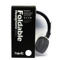 Havit Foldable Headphone in sleek black packaging with aluminum decorative overlay