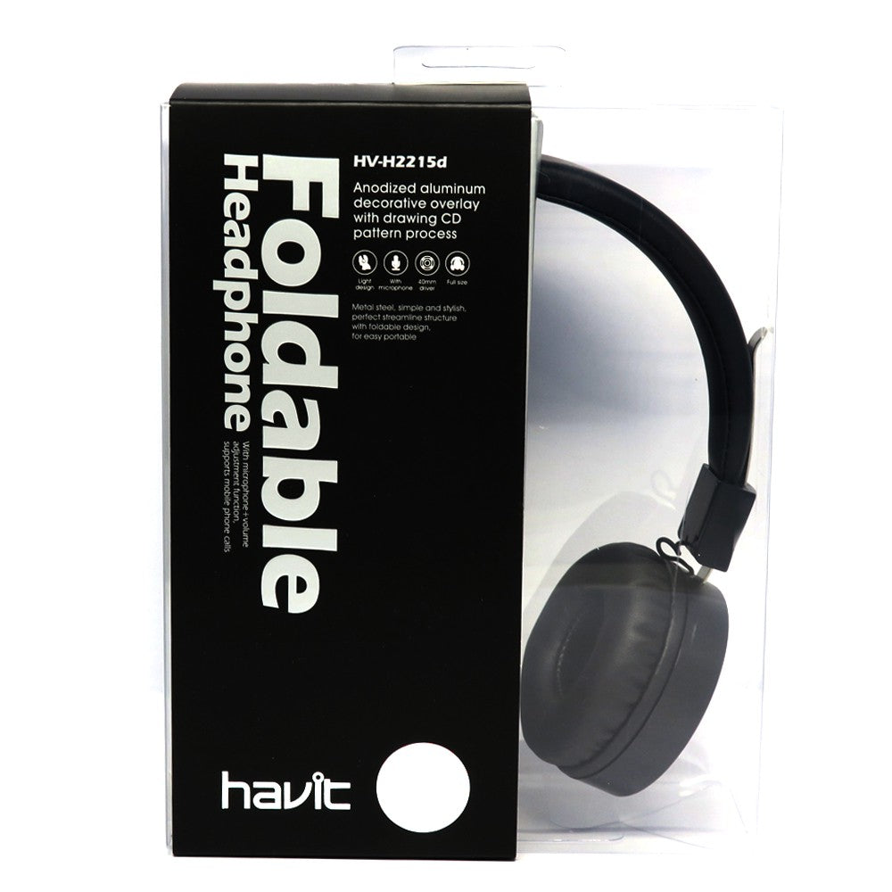 Havit Foldable Headphone in sleek black packaging with aluminum decorative overlay