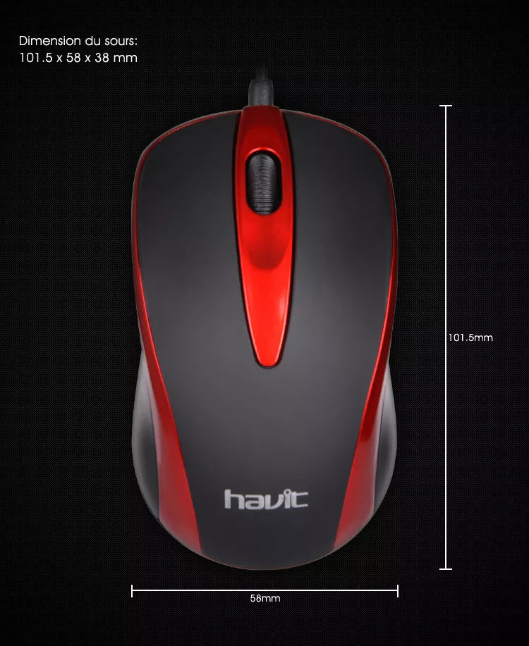 Havit Wired Optical Mouse with Red Accents and Ergonomic Design for Comfortable Use