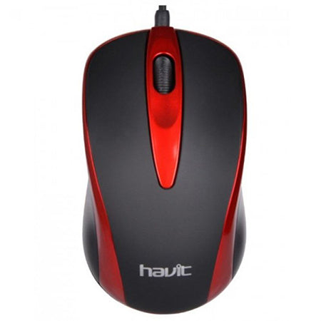 Havit Wired Optical Mouse in Black and Red with Smooth Scroll Wheel and Comfortable Grip