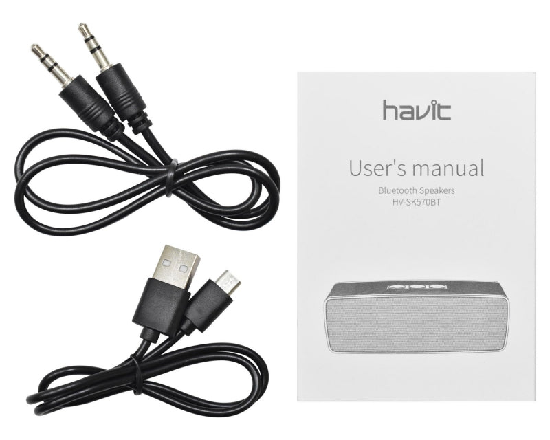 Havit Portable Bluetooth Speaker with user manual and charging cables for easy connectivity