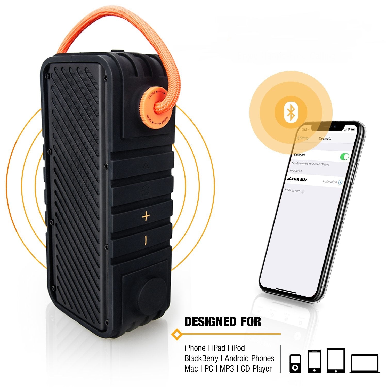 Shockproof Wireless Speaker in Black with Orange Strap, Perfect for Outdoor Use and Compatible with Multiple Devices