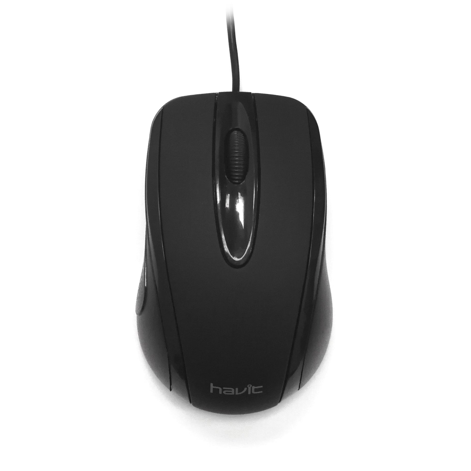 Havit Wired Optical Mouse in sleek black design with ergonomic shape for comfortable use.