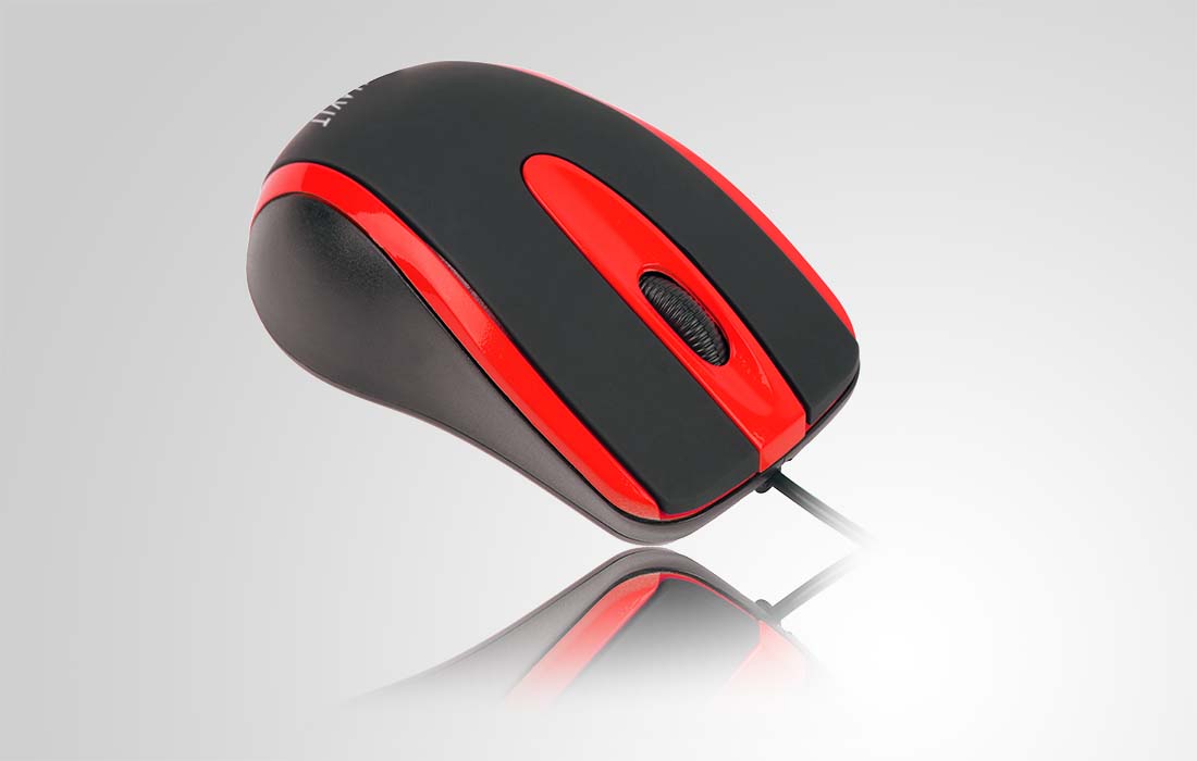 VMIDirect Wired Optical Mouse in black and red design with comfortable grip and scroll wheel