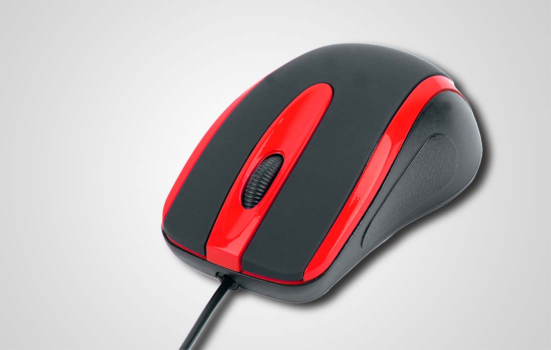 VMIDirect Wired Optical Mouse in black and red design with ergonomic shape and smooth scrolling