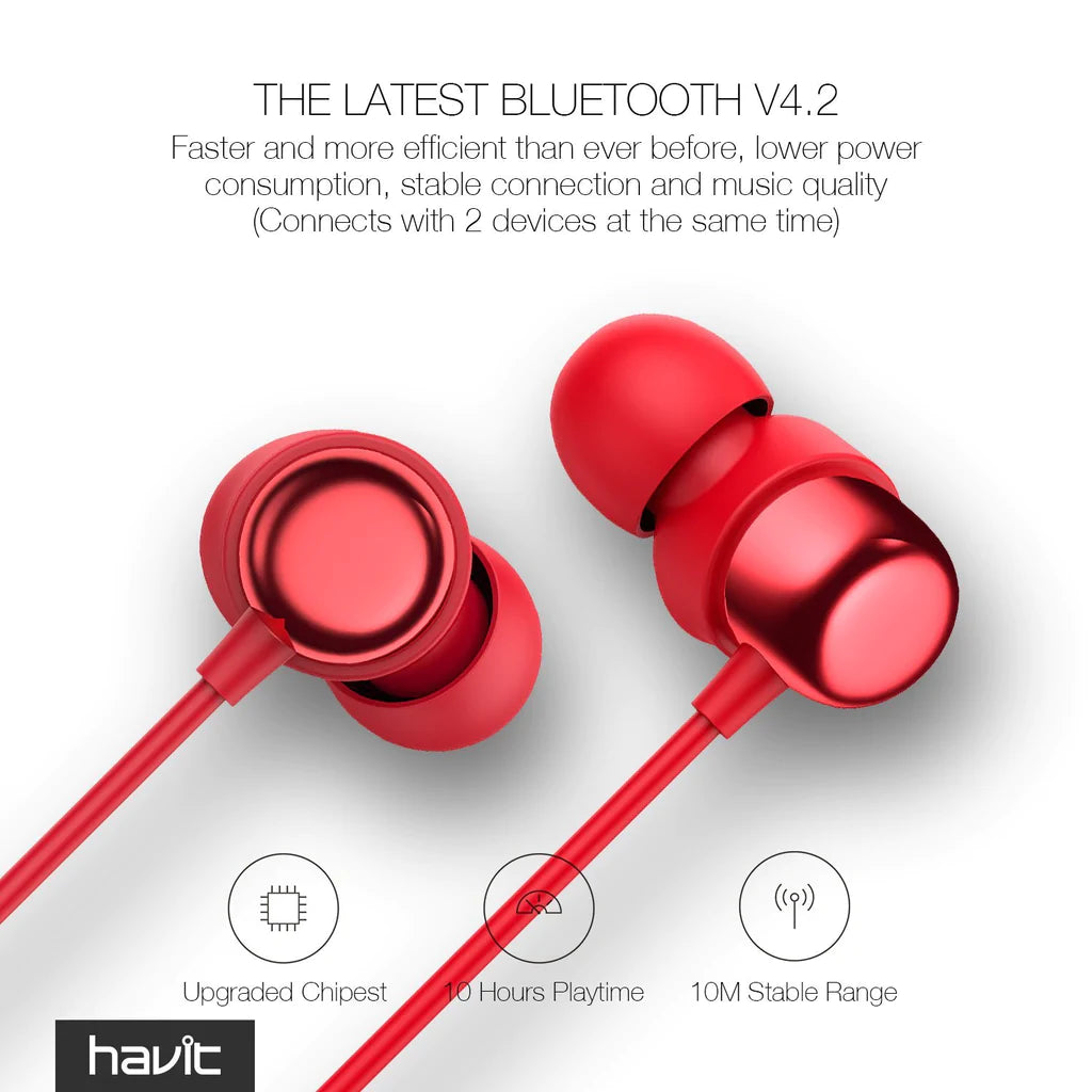 VMIDirect Havit Wireless Bluetooth Earphones in Red with Upgraded Chipset and 10 Hours Playtime