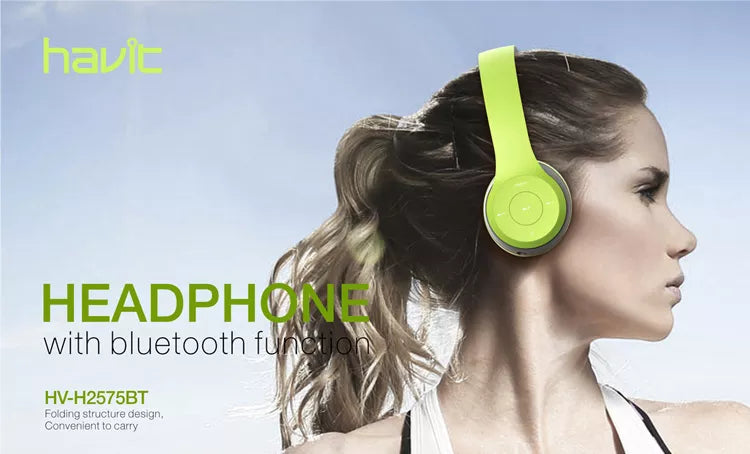 Green Havit Wireless Headphones with Bluetooth function and a stylish foldable design for easy portability