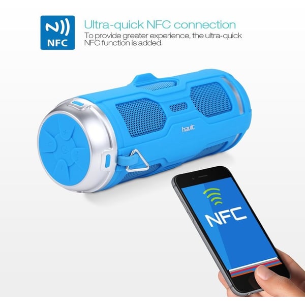 Havit Wireless Speaker in blue with NFC connection and a smartphone for easy pairing