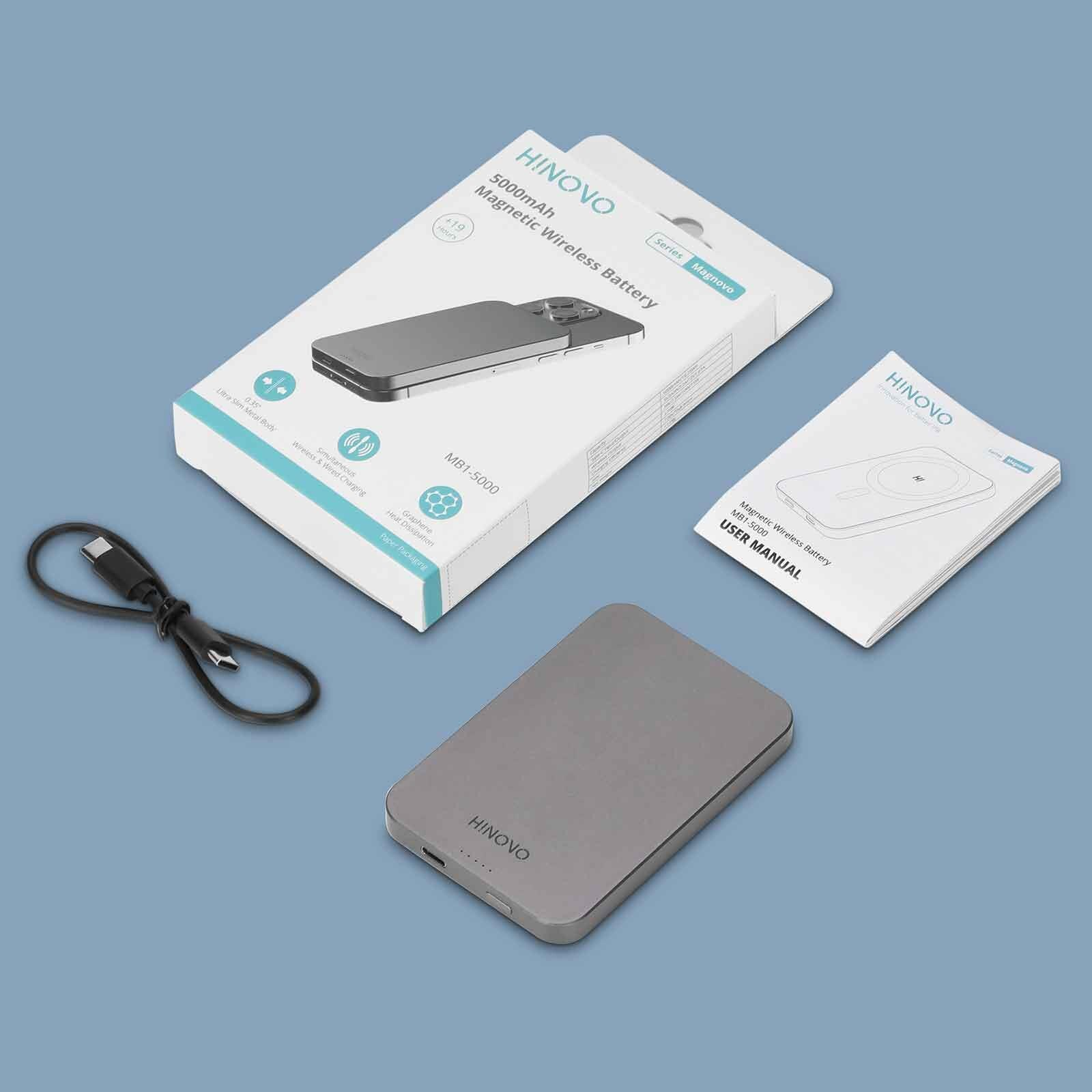 VMIDirect Magnetic Wireless Power Bank with USB cable and user manual in gray packaging