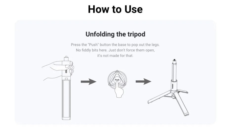 Instructional guide on how to use the Invisible Selfie Stick tripod for easy setup