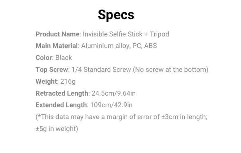 VMIDirect Invisible Selfie Stick and Tripod in Black with Adjustable Length for Perfect Selfies