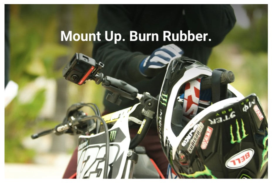 VMIDirect Insta360 Motorcycle Mount attached to a bike for action camera recording on the go