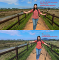 Woman smiling with hands out on a path, showcasing the VMIDirect Waterproof Action Camera's features