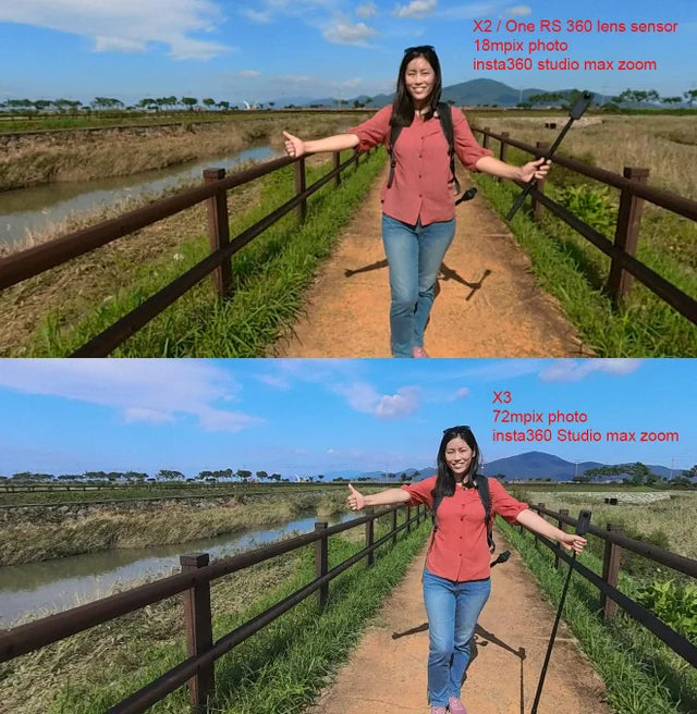 Woman smiling with hands out on a path, showcasing the VMIDirect Waterproof Action Camera's features
