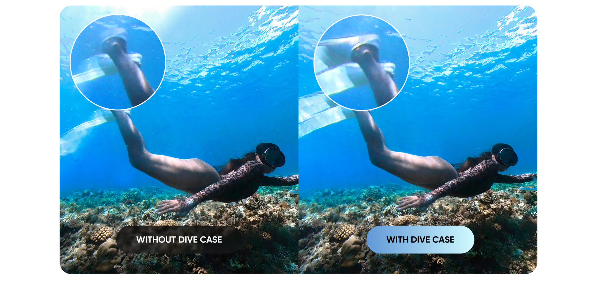 Comparison of underwater images showing the X3 Invisible Dive Case protecting a camera while diving
