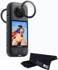 Insta360 camera with X3 Sticky Lens Guards and microfiber cleaning cloth for lens protection