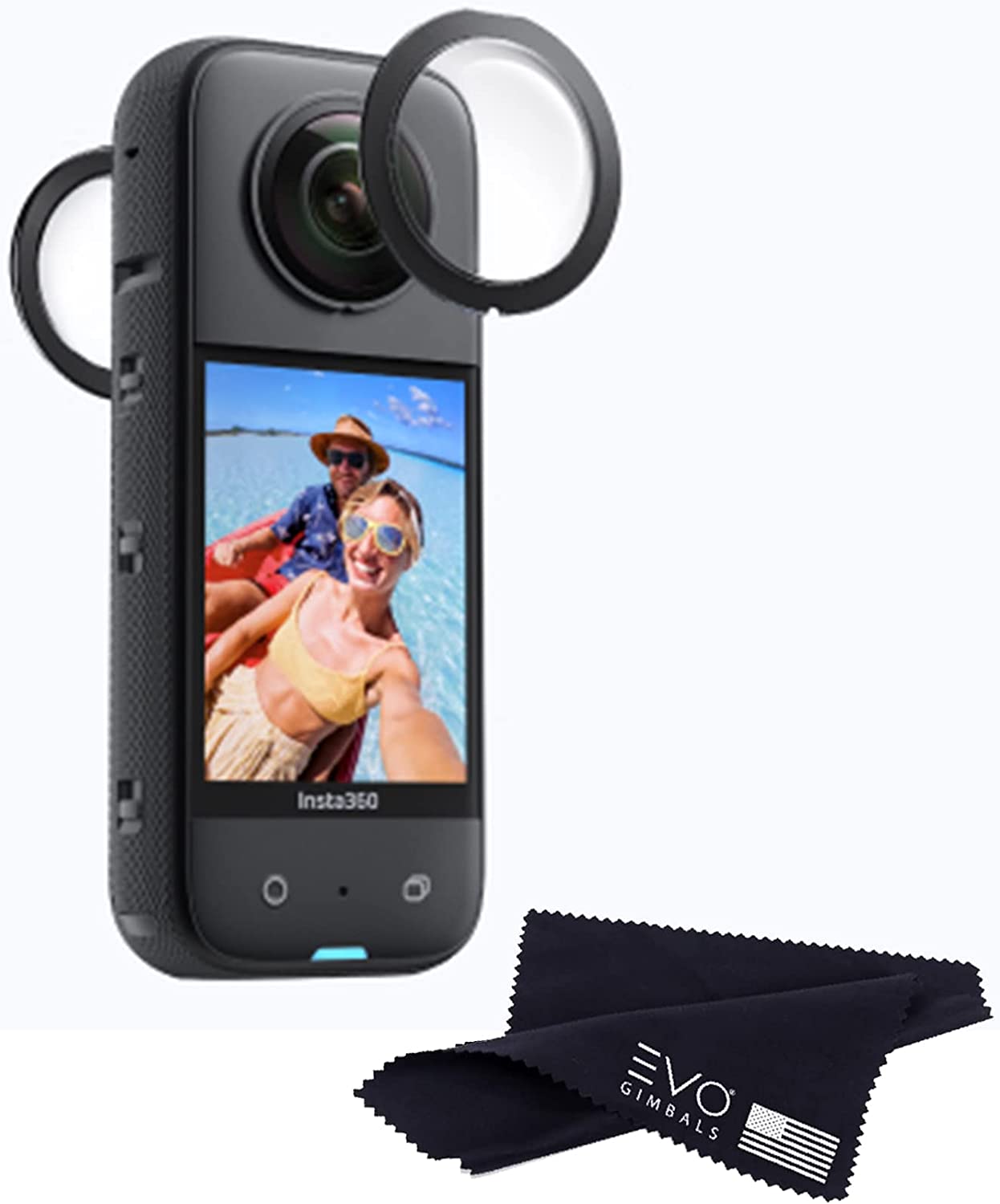 Insta360 camera with X3 Sticky Lens Guards and microfiber cleaning cloth for lens protection