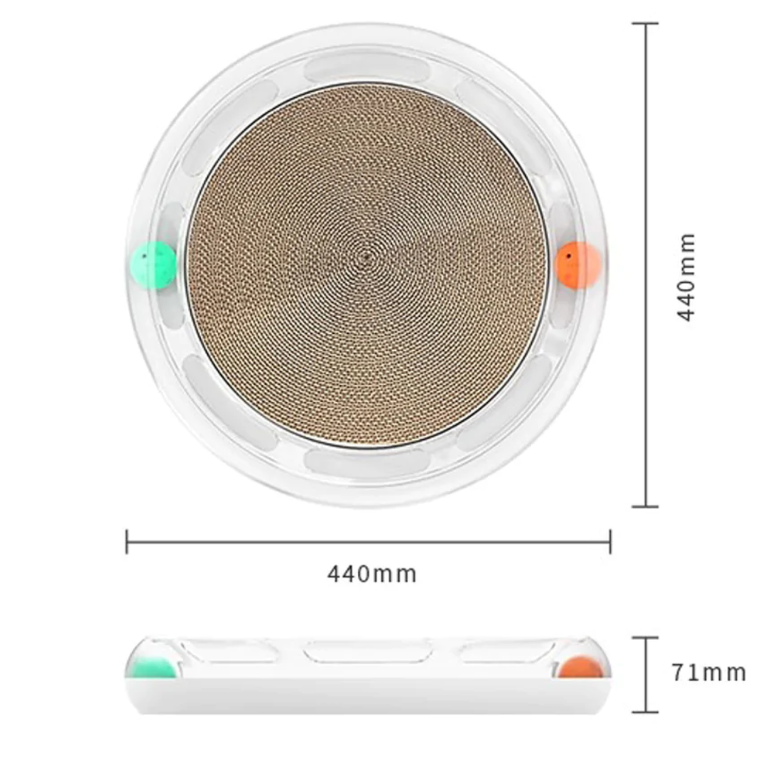 VMIDirect interactive cat scratch pad with circular design and colorful balls entertaining a cat