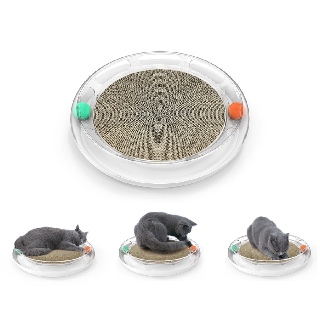 VMIDirect interactive cat scratch pad with transparent circular design and two colored balls for cats