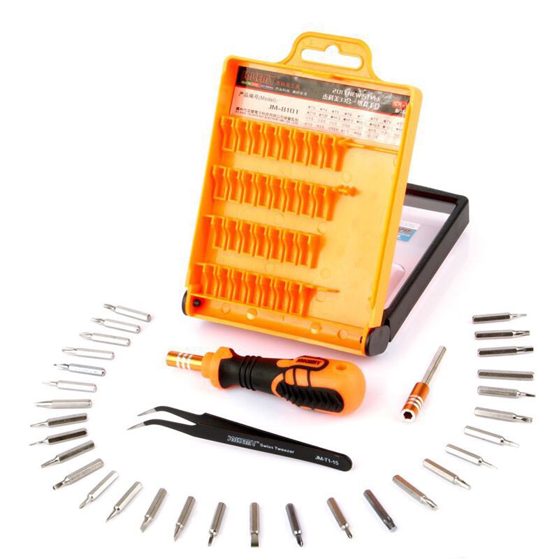 JAKEMY JM-8101 precision screwdriver set in an orange case with various screwdriver tips for electronics repair.