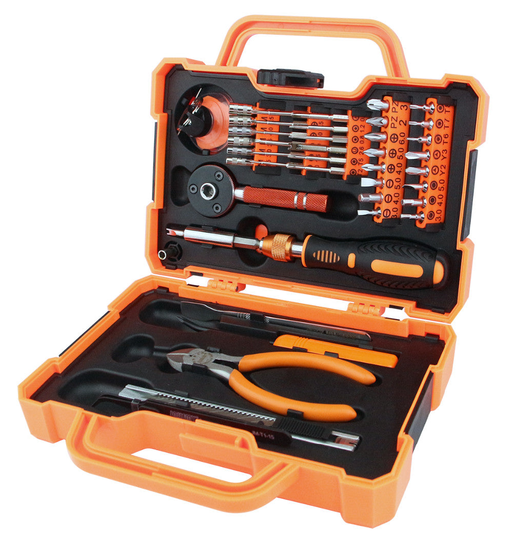 JAKEMY JM-8146 toolkit with a variety of tools and an orange carrying case for convenience