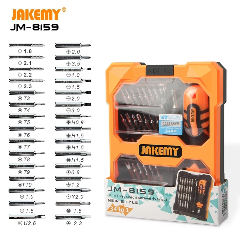 34-in-1 Precision Screwdriver Set for Electronics in an orange storage case