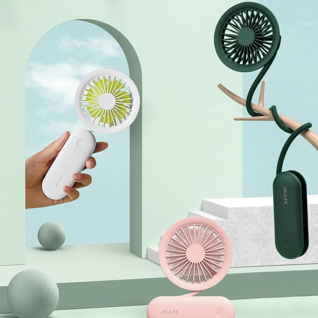 FA15 Mini Personal Fan in white and green, ideal for staying cool on the go with a compact design