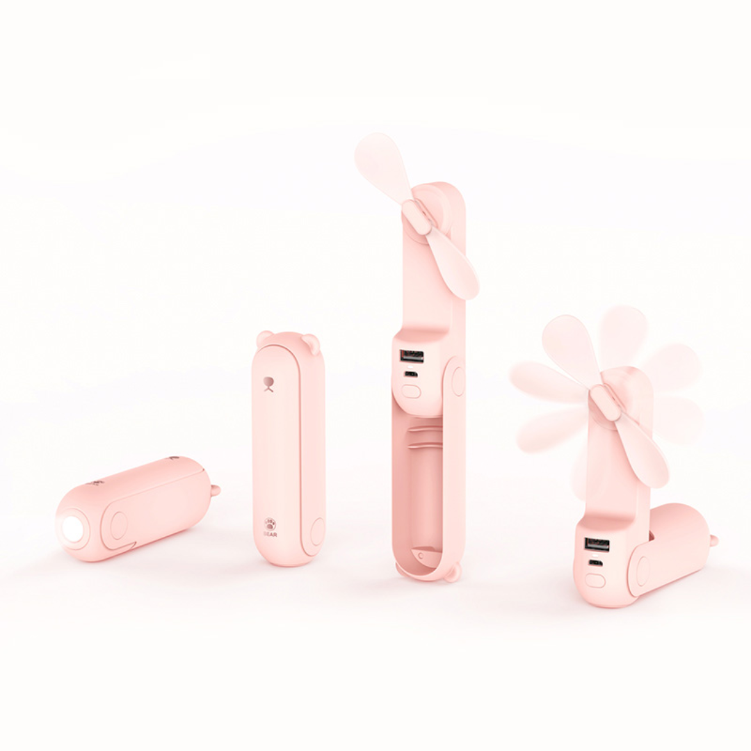 VMIDirect portable mini fan power bank in pink handheld design with foldable blades and USB charging port