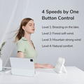 USB mini desktop fan on white desk with woman enjoying breeze and tablet nearby