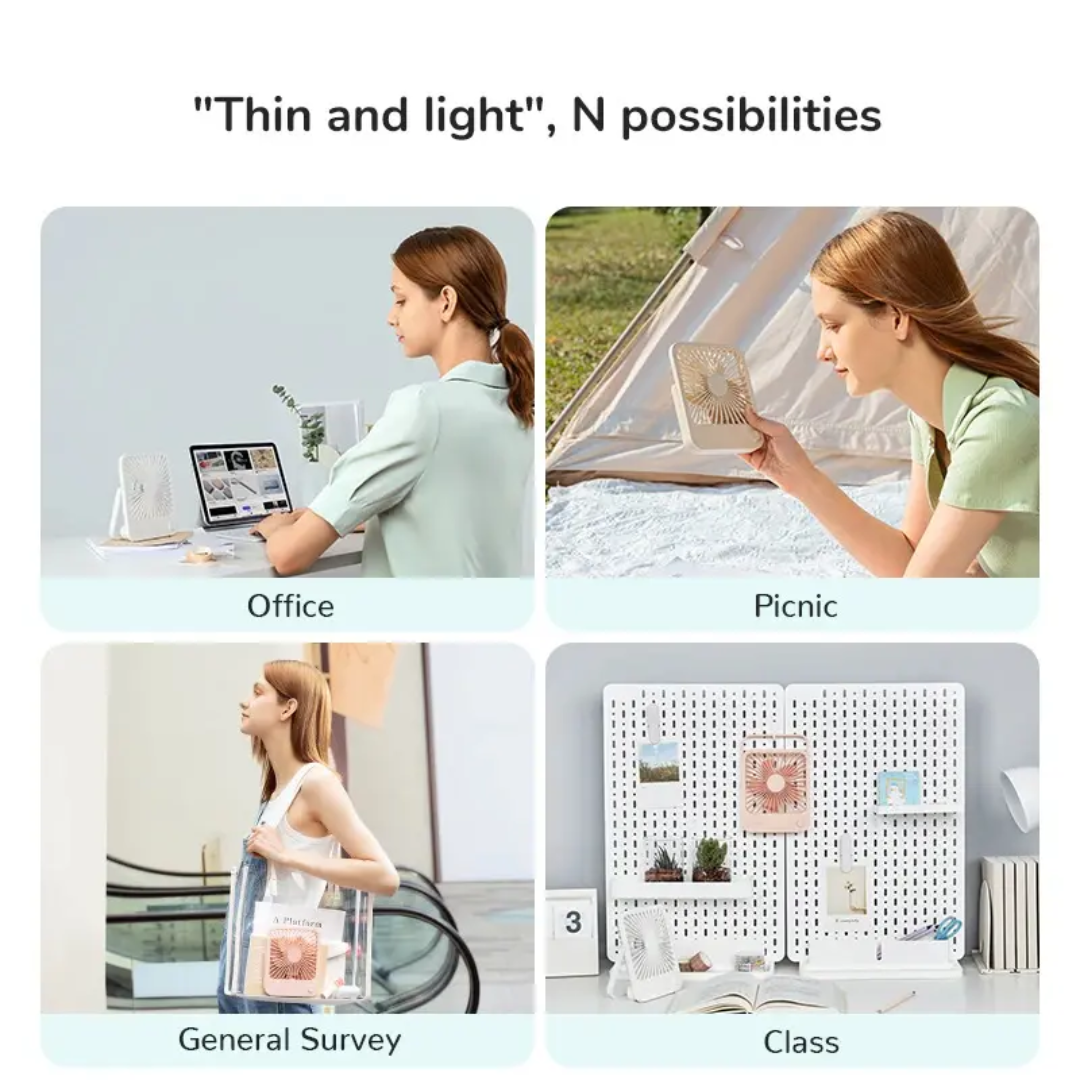 USB mini desktop fan shown in office, picnic, general survey, and class use scenarios