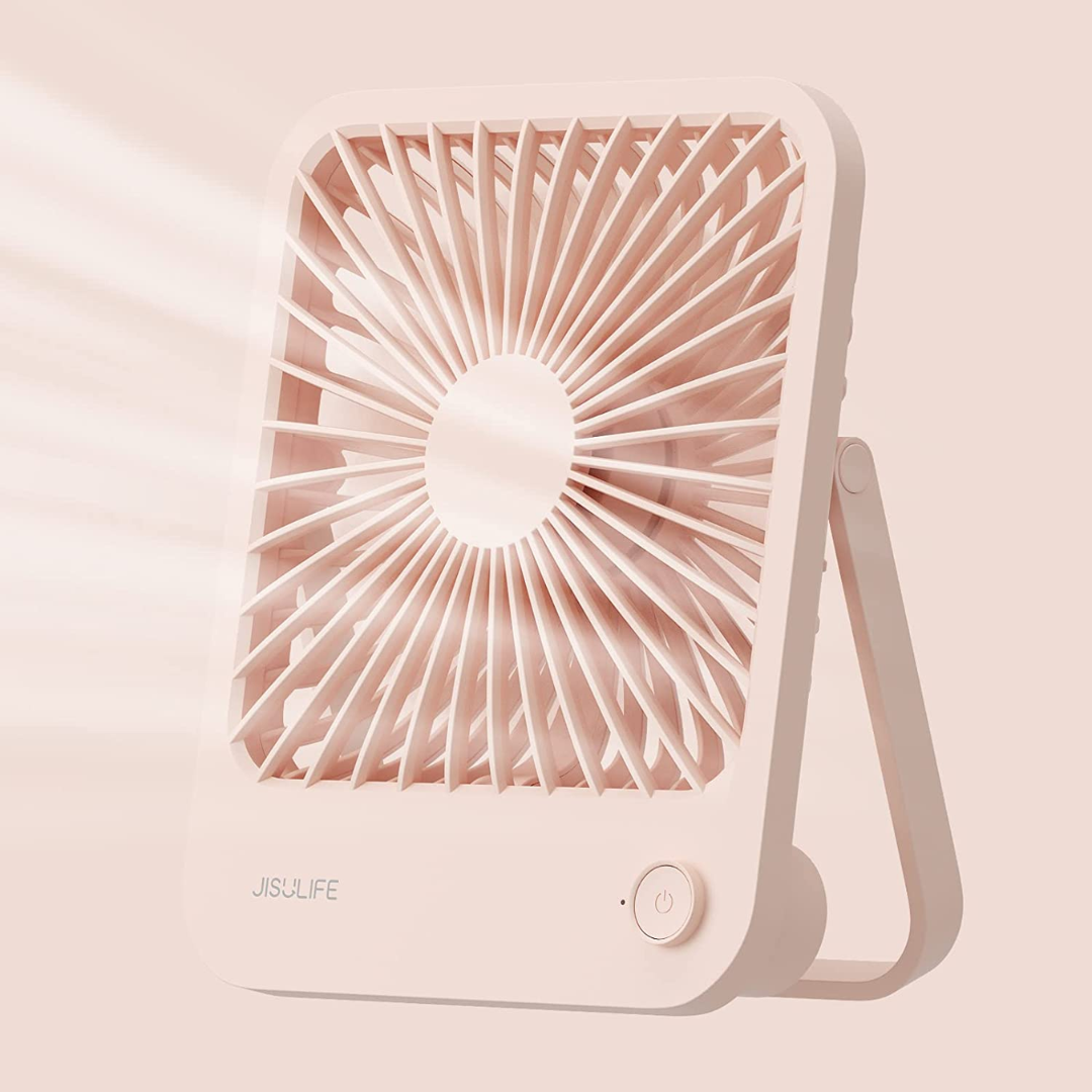 USB mini desktop fan in soft pink with compact design and adjustable stand for personal cooling